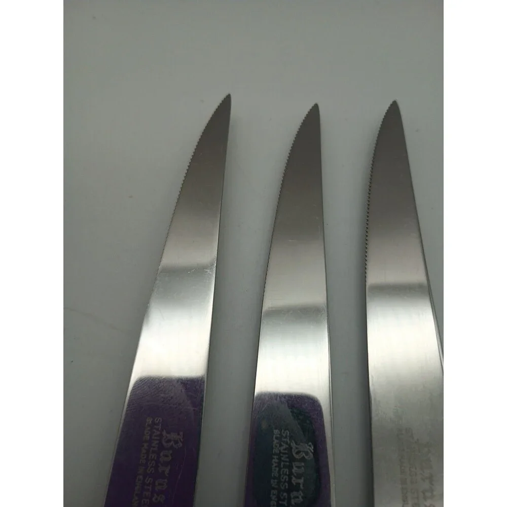 6 Vtg Burns Steak Knives Stainless Steel Blade Wood Handle England